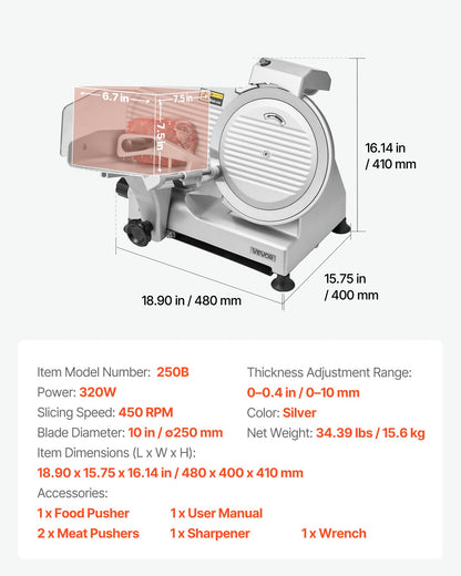 VEVOR Commercial Meat Slicer, 10 inch Electric Deli Slicer Machine, 320W Food-Slicer with SUS420 Blade, 0-0.4 inch Adjustable Thickness, for Frozen Meat, Ham, Baguett, Steak - DRQPJSYKBZD1QKTRL001V1 - view 8