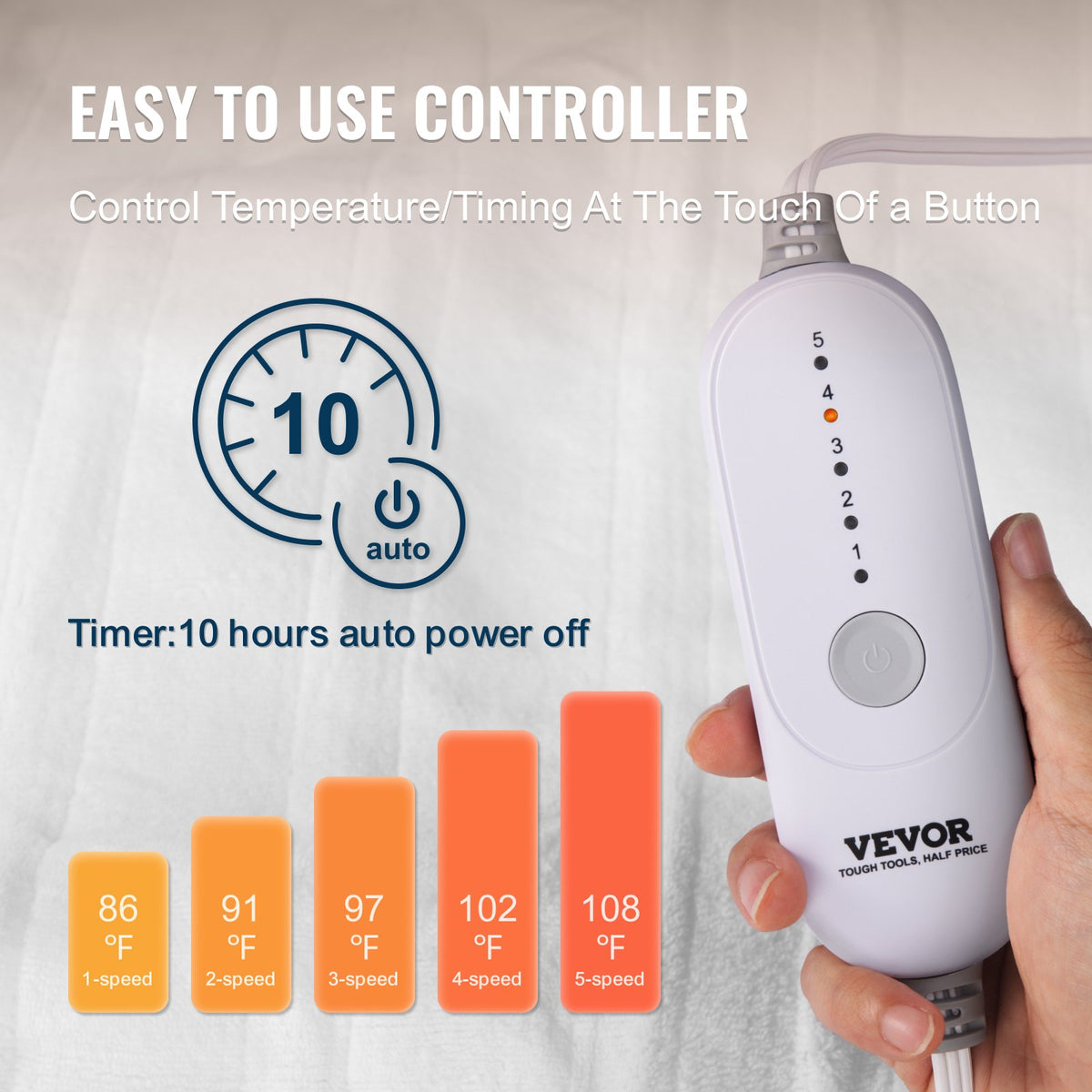 VEVOR Heated Mattress Pad, 39 x 75 in, Electric Bed Warmer with 1-5 Heat Settings Control, 10-Hour Auto Shut Off, Machine-Wash Breathable Coral Fleece Heating Electric Mattress Sheets, White - DRTDT3975INC4NR8PV1 - view 6
