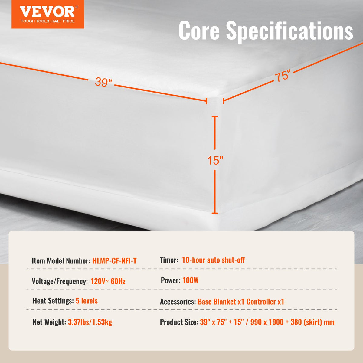 VEVOR Heated Mattress Pad, 39 x 75 in, Electric Bed Warmer with 1-5 Heat Settings Control, 10-Hour Auto Shut Off, Machine-Wash Breathable Coral Fleece Heating Electric Mattress Sheets, White - DRTDT3975INC4NR8PV1 - view 8