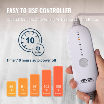 VEVOR Heated Mattress Pad, 78 x 80 in, King Electric Bed Warmer with 1-5 Heat Settings Control, 10-Hour Auto Shut Off, Machine-Wash Breathable Coral Fleece Heating Electric Mattress Sheets, White - DRTDT7880INCGMT16V1 - view 6