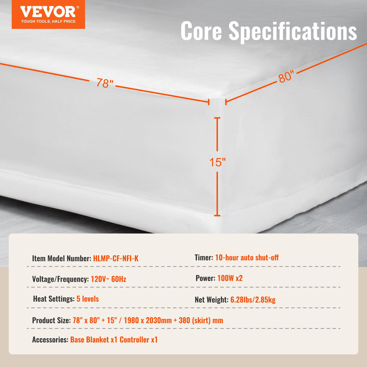 VEVOR Heated Mattress Pad, 78 x 80 in, King Electric Bed Warmer with 1-5 Heat Settings Control, 10-Hour Auto Shut Off, Machine-Wash Breathable Coral Fleece Heating Electric Mattress Sheets, White - DRTDT7880INCGMT16V1 - view 8