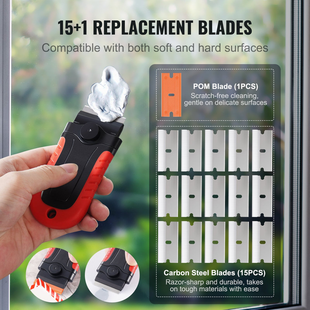 VEVOR Razor Blade Scraper, 15 Extra Blades, Locking Scraper Tool with Security Cap, Carbon Steel and POM Blades, for Cleaning Labels, Stickers, Decals, Paint from Glass Window Stovetop Cooktop Oven - DSBDBGDSLXJJSSAHLV0 - view 5