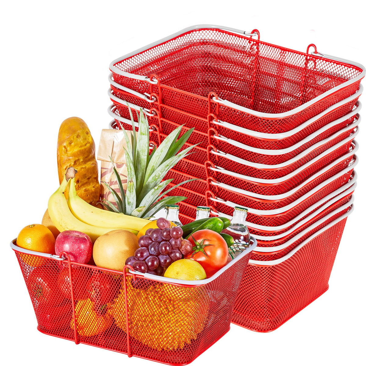 VEVOR Shopping Baskets, 12 PCS, 22L Stackable Metal Grocery Baskets with Handles, Dense Mesh Structure, Holds up to 44 lbs, Portable for Grocery, Retail, Stores, Supermarket, Bookstore, Home Use, Red - DSBDGWL12PCS3HZT0001V0 - view 1