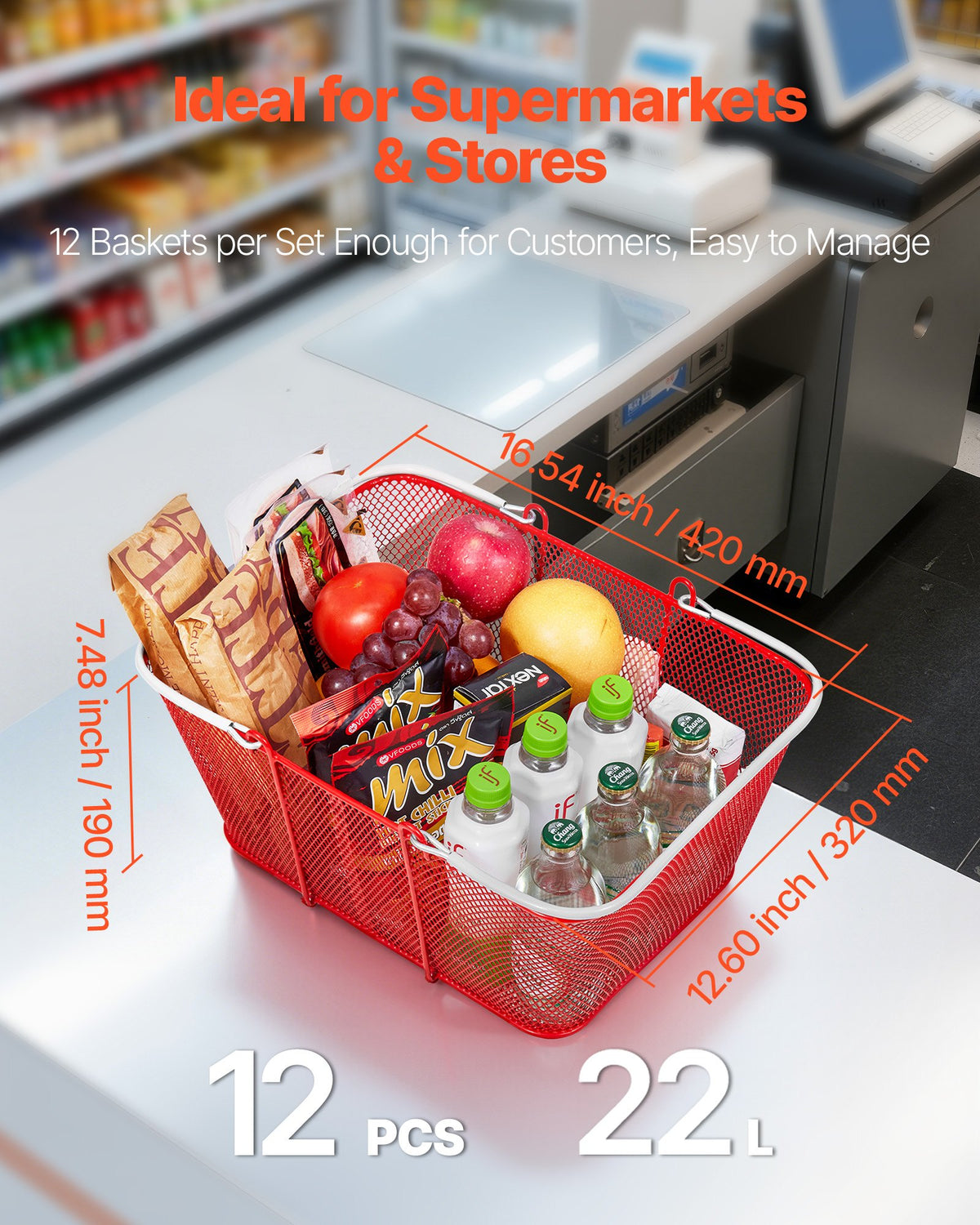 VEVOR Shopping Baskets, 12 PCS, 22L Stackable Metal Grocery Baskets with Handles, Dense Mesh Structure, Holds up to 44 lbs, Portable for Grocery, Retail, Stores, Supermarket, Bookstore, Home Use, Red - DSBDGWL12PCS3HZT0001V0 - view 4