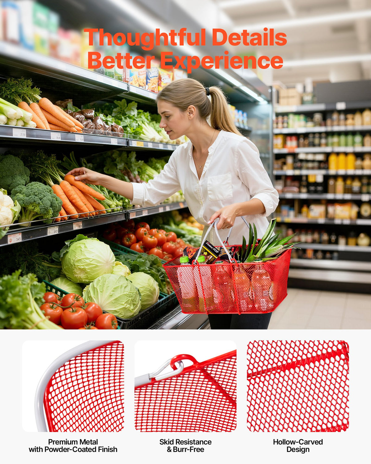 VEVOR Shopping Baskets, 12 PCS, 22L Stackable Metal Grocery Baskets with Handles, Dense Mesh Structure, Holds up to 44 lbs, Portable for Grocery, Retail, Stores, Supermarket, Bookstore, Home Use, Red - DSBDGWL12PCS3HZT0001V0 - view 6