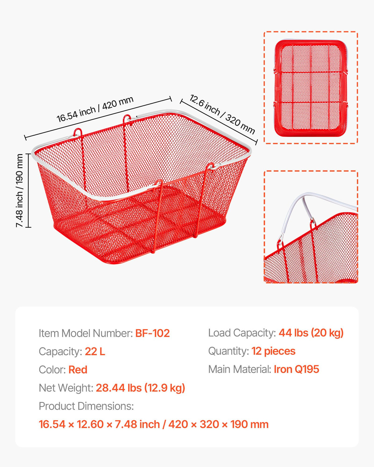 VEVOR Shopping Baskets, 12 PCS, 22L Stackable Metal Grocery Baskets with Handles, Dense Mesh Structure, Holds up to 44 lbs, Portable for Grocery, Retail, Stores, Supermarket, Bookstore, Home Use, Red - DSBDGWL12PCS3HZT0001V0 - view 8