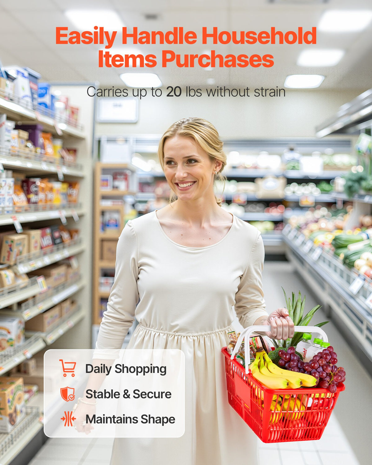 VEVOR Shopping Baskets, 12 PCS, 21L Stackable PE Plastic Grocery Baskets with Handles, Dense Mesh Structure, Holds up to 20 lbs, Portable for Grocery, Retail, Stores, Supermarket, Home Use, Red - DSBDGWL12PCSZBUYA001V0 - view 5