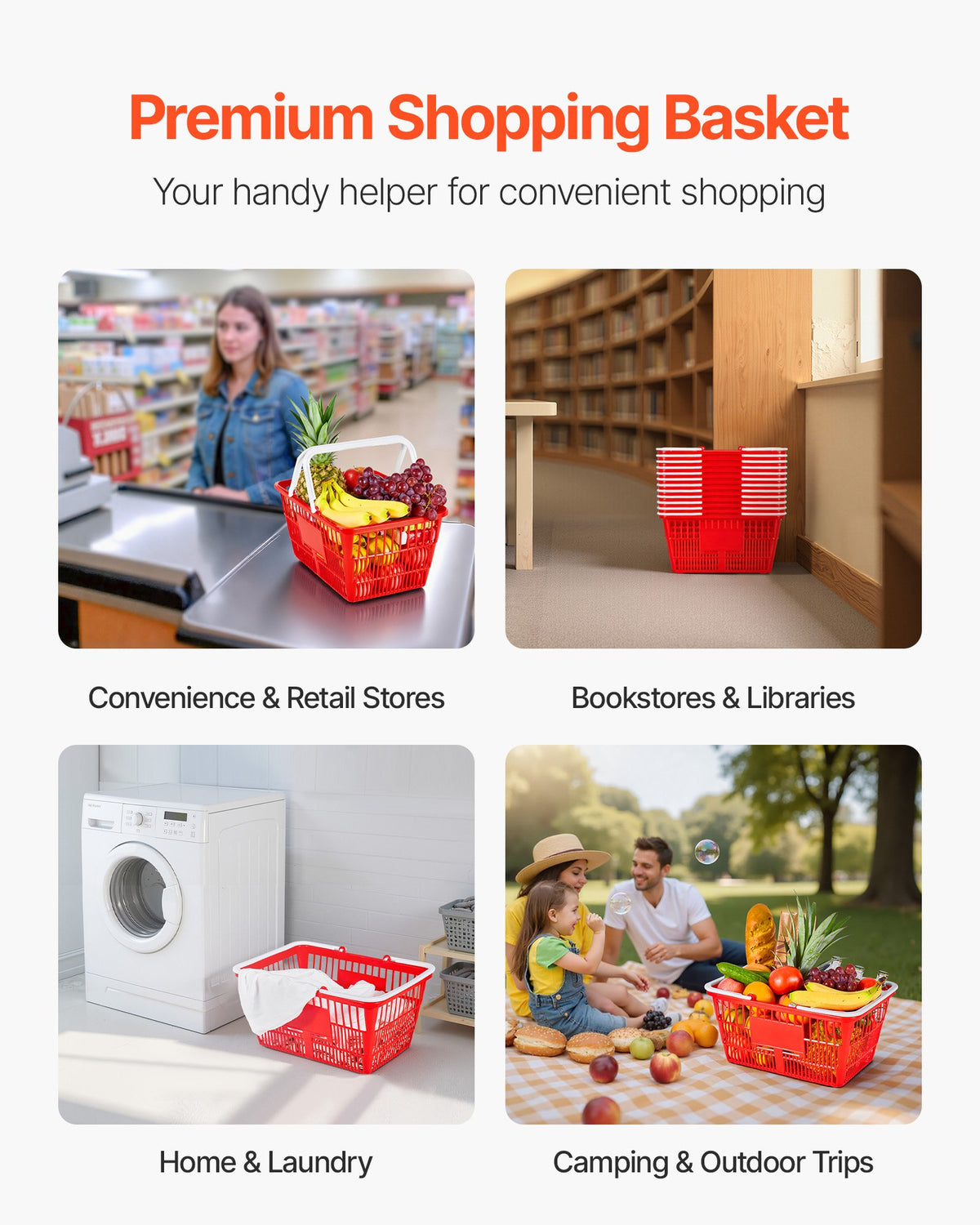 VEVOR Shopping Baskets, 12 PCS, 21L Stackable PE Plastic Grocery Baskets with Handles, Dense Mesh Structure, Holds up to 20 lbs, Portable for Grocery, Retail, Stores, Supermarket, Home Use, Red - DSBDGWL12PCSZBUYA001V0 - view 7