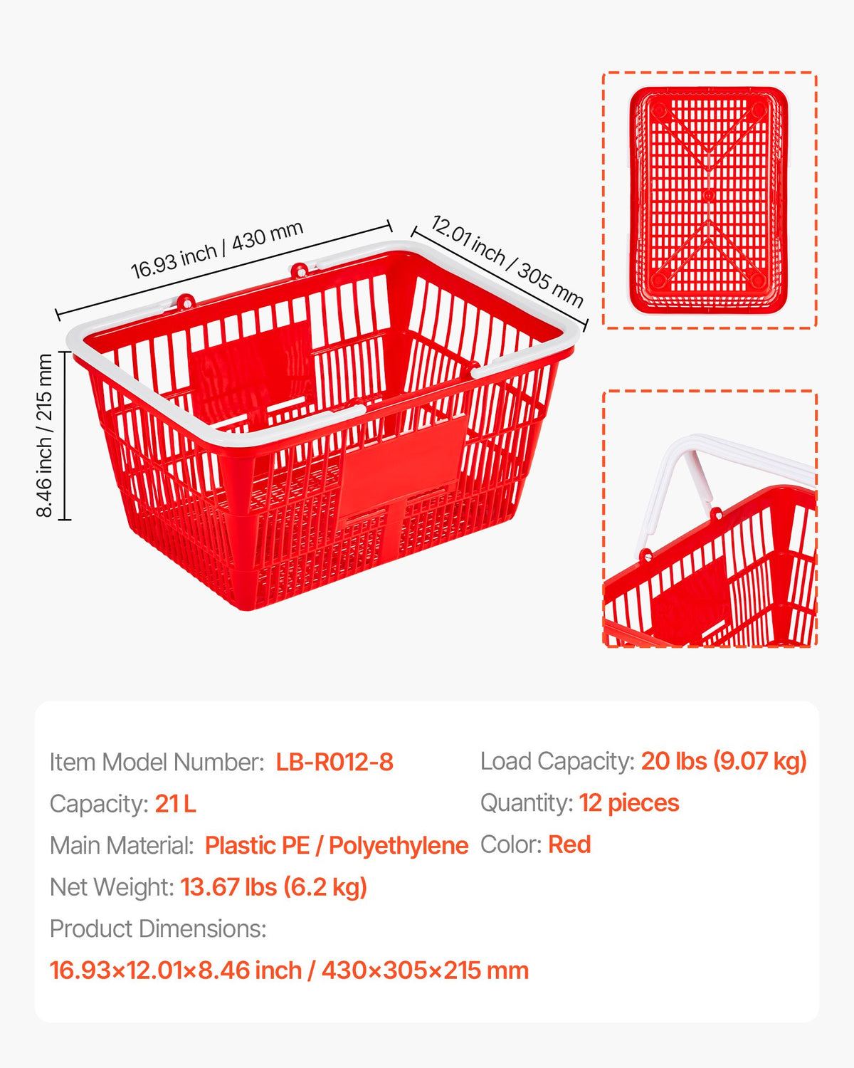 VEVOR Shopping Baskets, 12 PCS, 21L Stackable PE Plastic Grocery Baskets with Handles, Dense Mesh Structure, Holds up to 20 lbs, Portable for Grocery, Retail, Stores, Supermarket, Home Use, Red - DSBDGWL12PCSZBUYA001V0 - view 8