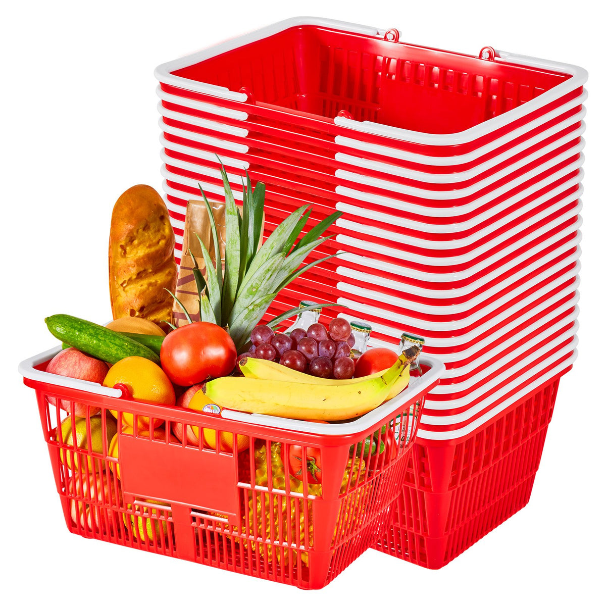 VEVOR Shopping Baskets, 20 PCS, 21L Stackable PE Plastic Grocery Baskets with Handles, Dense Mesh Structure, Holds up to 20 lbs, Portable for Grocery, Retail, Stores, Supermarket, Home Use, Red - DSBDGWL20PCSQD1UT001V0 - view 1