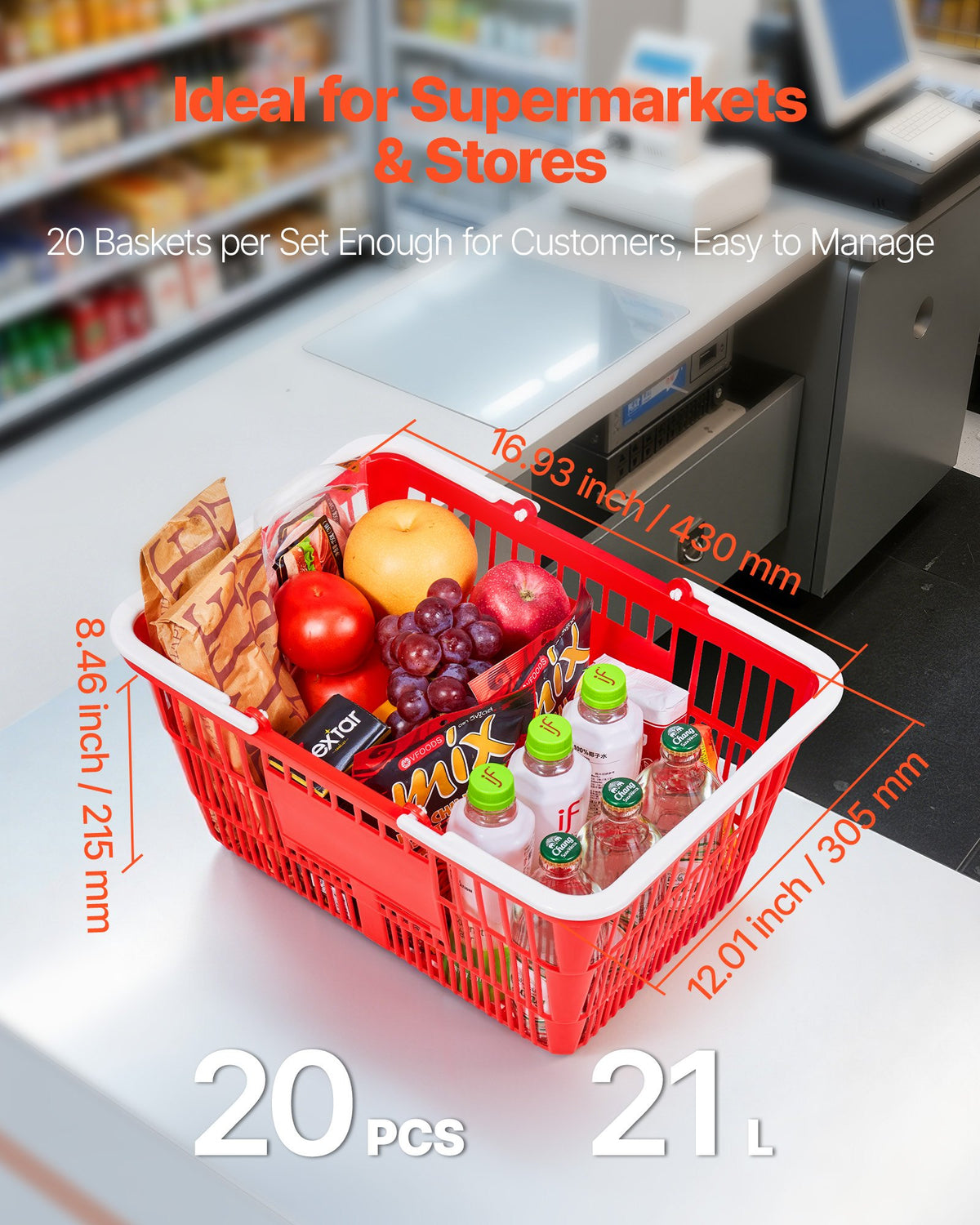 VEVOR Shopping Baskets, 20 PCS, 21L Stackable PE Plastic Grocery Baskets with Handles, Dense Mesh Structure, Holds up to 20 lbs, Portable for Grocery, Retail, Stores, Supermarket, Home Use, Red - DSBDGWL20PCSQD1UT001V0 - view 4