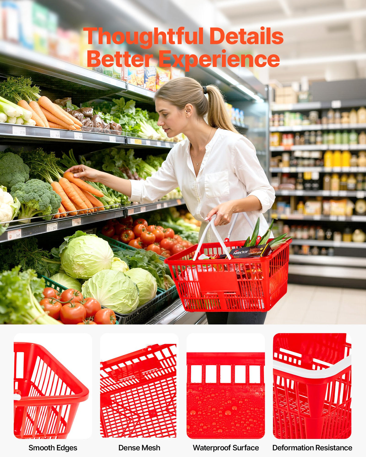 VEVOR Shopping Baskets, 20 PCS, 21L Stackable PE Plastic Grocery Baskets with Handles, Dense Mesh Structure, Holds up to 20 lbs, Portable for Grocery, Retail, Stores, Supermarket, Home Use, Red - DSBDGWL20PCSQD1UT001V0 - view 6