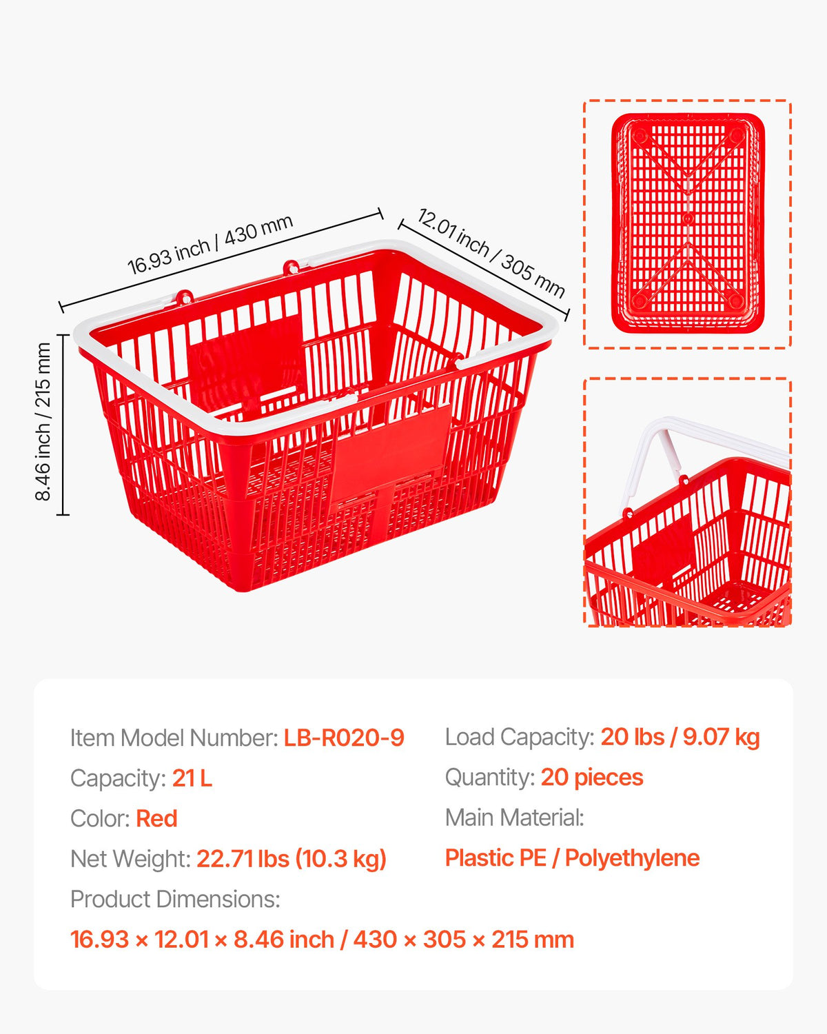 VEVOR Shopping Baskets, 20 PCS, 21L Stackable PE Plastic Grocery Baskets with Handles, Dense Mesh Structure, Holds up to 20 lbs, Portable for Grocery, Retail, Stores, Supermarket, Home Use, Red - DSBDGWL20PCSQD1UT001V0 - view 8