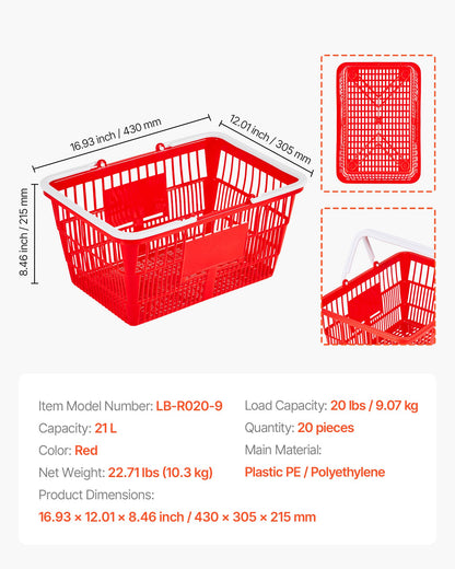 VEVOR Shopping Baskets, 20 PCS, 21L Stackable PE Plastic Grocery Baskets with Handles, Dense Mesh Structure, Holds up to 20 lbs, Portable for Grocery, Retail, Stores, Supermarket, Home Use, Red - DSBDGWL20PCSQD1UT001V0 - view 8