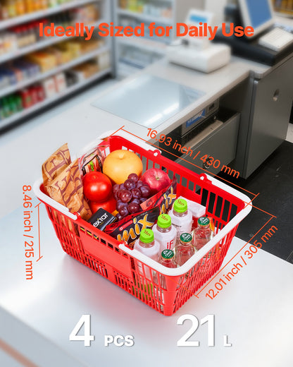 VEVOR Shopping Baskets, 4 PCS, 21L Stackable PE Plastic Grocery Baskets with Handles, Dense Mesh Structure, Holds up to 20 lbs, Portable for Grocery, Retail