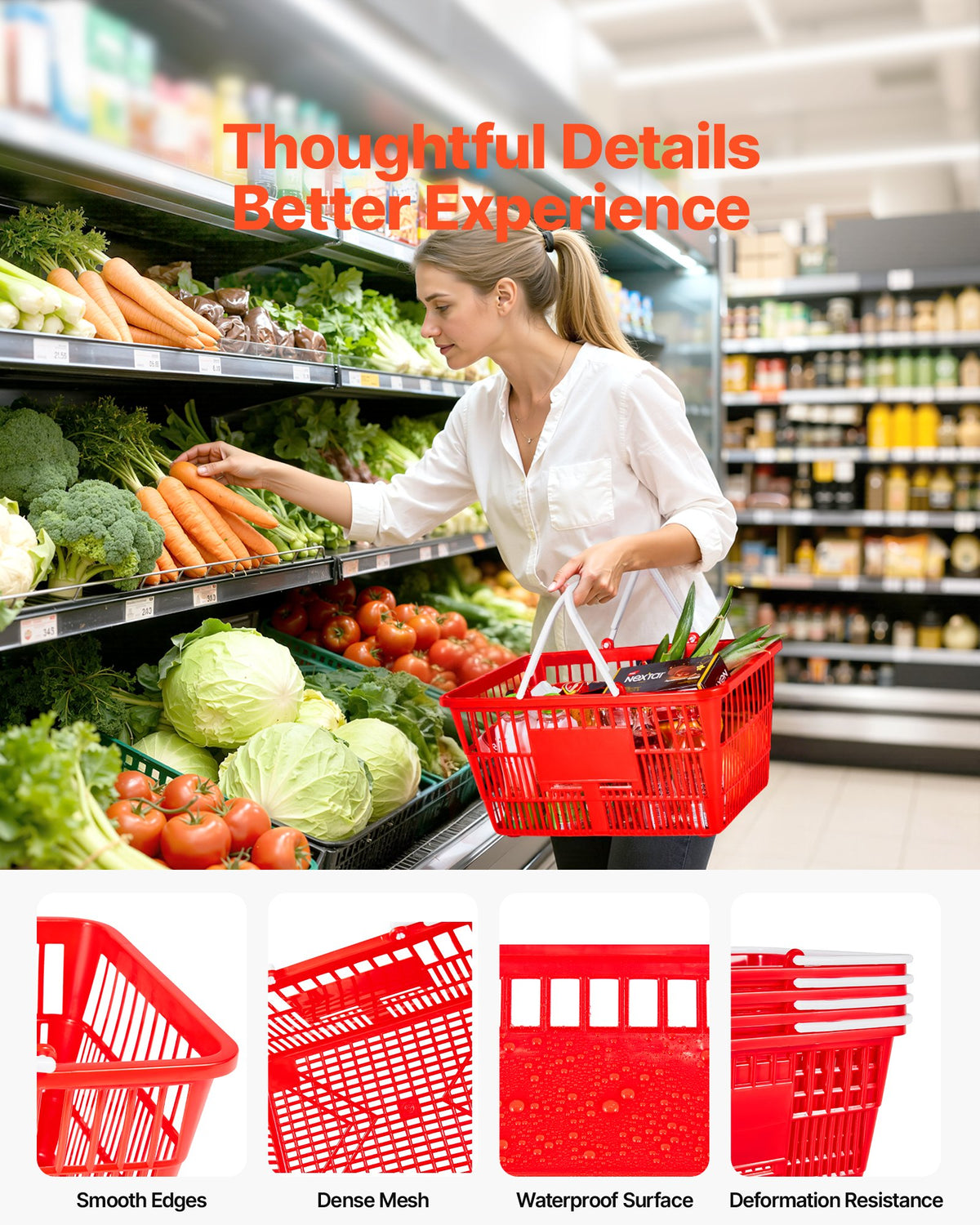 VEVOR Shopping Baskets, 4 PCS, 21L Stackable PE Plastic Grocery Baskets with Handles, Dense Mesh Structure, Holds up to 20 lbs, Portable for Grocery, Retail