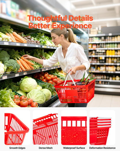 VEVOR Shopping Baskets, 4 PCS, 21L Stackable PE Plastic Grocery Baskets with Handles, Dense Mesh Structure, Holds up to 20 lbs, Portable for Grocery, Retail