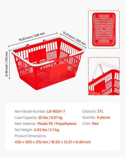 VEVOR Shopping Baskets, 4 PCS, 21L Stackable PE Plastic Grocery Baskets with Handles, Dense Mesh Structure, Holds up to 20 lbs, Portable for Grocery, Retail