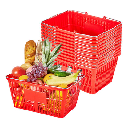 VEVOR Shopping Baskets, 12 PCS, 21L Stackable PE Plastic Grocery Baskets with Metal Handles, Dense Mesh Structure, Holds up to 20 lbs, Portable for Grocery, Retail, Stores, Supermarket, Home Use, Red - DSBDGWLSL21LM6U8Q001V0 - view 1