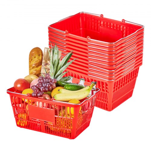 VEVOR Shopping Baskets, 12 PCS, 21L Stackable PE Plastic Grocery Baskets with Metal Handles, Dense Mesh Structure, Holds up to 20 lbs, Portable for Grocery, Retail, Stores, Supermarket, Home Use, Red - DSBDGWLSL21LM6U8Q001V0 - view 2