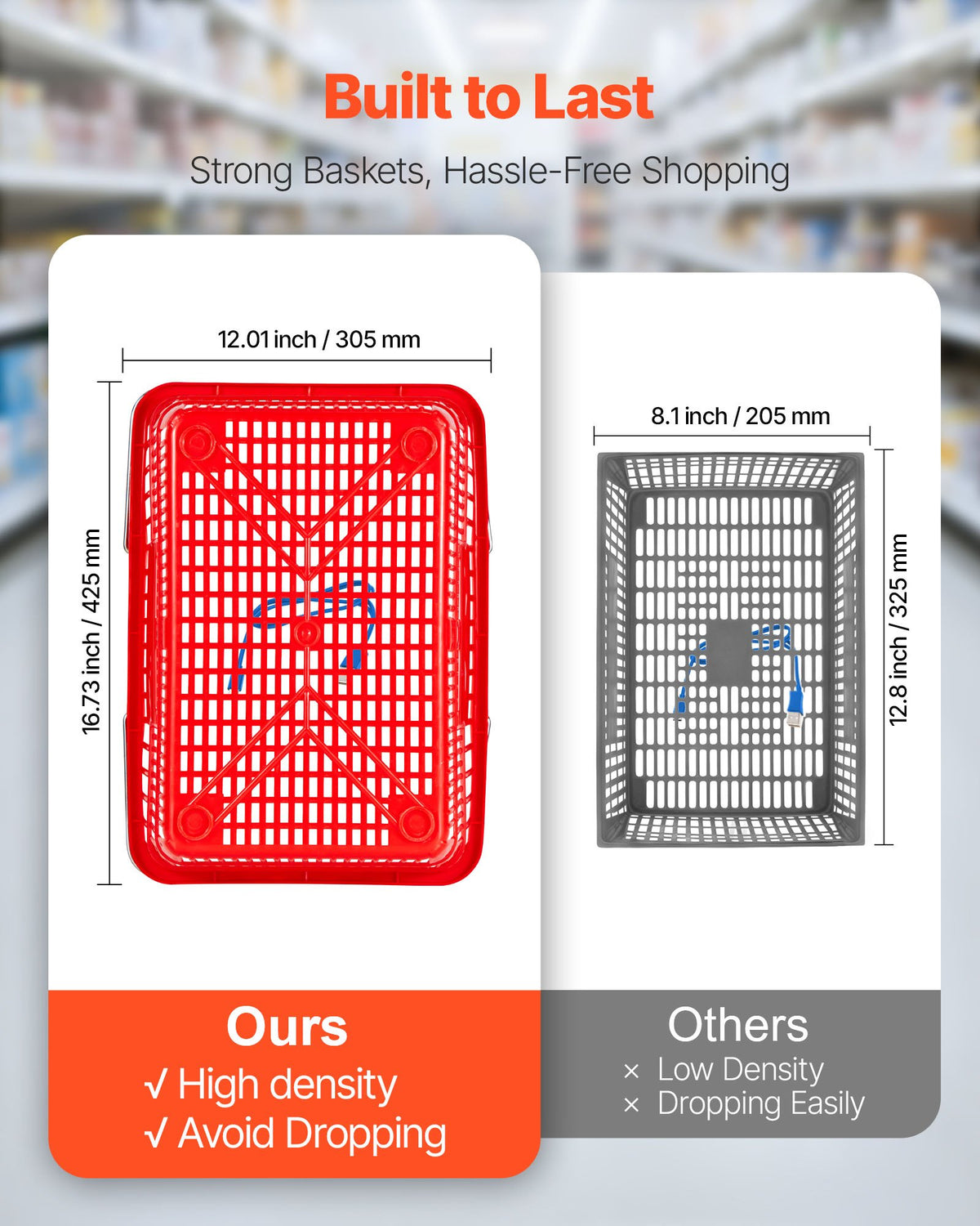 VEVOR Shopping Baskets, 12 PCS, 21L Stackable PE Plastic Grocery Baskets with Metal Handles, Dense Mesh Structure, Holds up to 20 lbs, Portable for Grocery, Retail, Stores, Supermarket, Home Use, Red - DSBDGWLSL21LM6U8Q001V0 - view 3