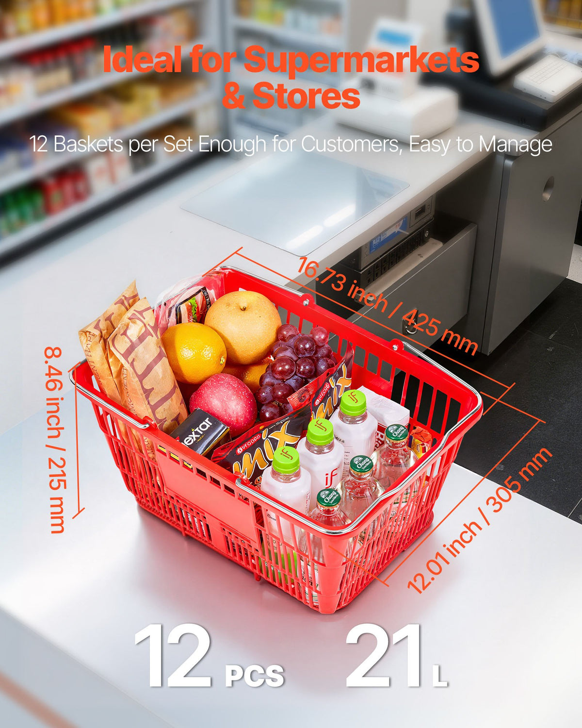 VEVOR Shopping Baskets, 12 PCS, 21L Stackable PE Plastic Grocery Baskets with Metal Handles, Dense Mesh Structure, Holds up to 20 lbs, Portable for Grocery, Retail, Stores, Supermarket, Home Use, Red - DSBDGWLSL21LM6U8Q001V0 - view 4