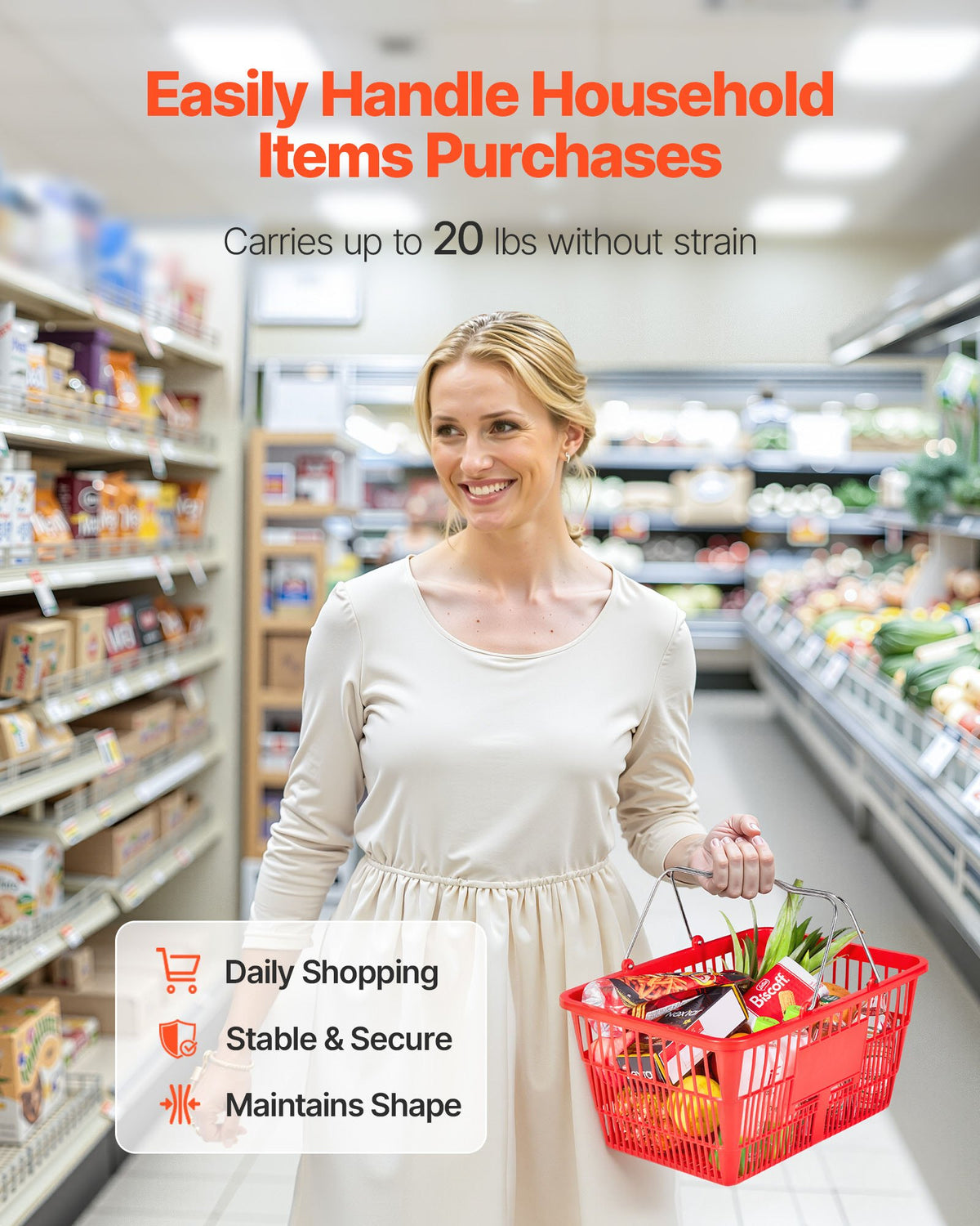 VEVOR Shopping Baskets, 12 PCS, 21L Stackable PE Plastic Grocery Baskets with Metal Handles, Dense Mesh Structure, Holds up to 20 lbs, Portable for Grocery, Retail, Stores, Supermarket, Home Use, Red - DSBDGWLSL21LM6U8Q001V0 - view 5