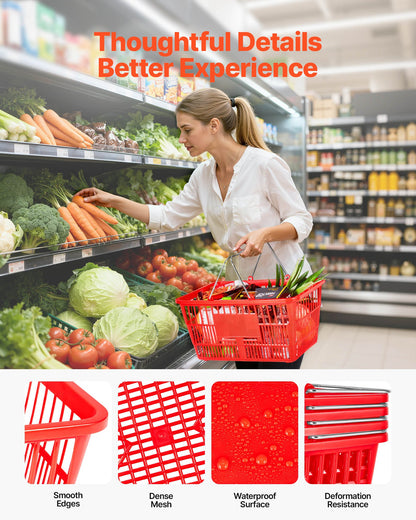 VEVOR Shopping Baskets, 12 PCS, 21L Stackable PE Plastic Grocery Baskets with Metal Handles, Dense Mesh Structure, Holds up to 20 lbs, Portable for Grocery, Retail, Stores, Supermarket, Home Use, Red - DSBDGWLSL21LM6U8Q001V0 - view 6