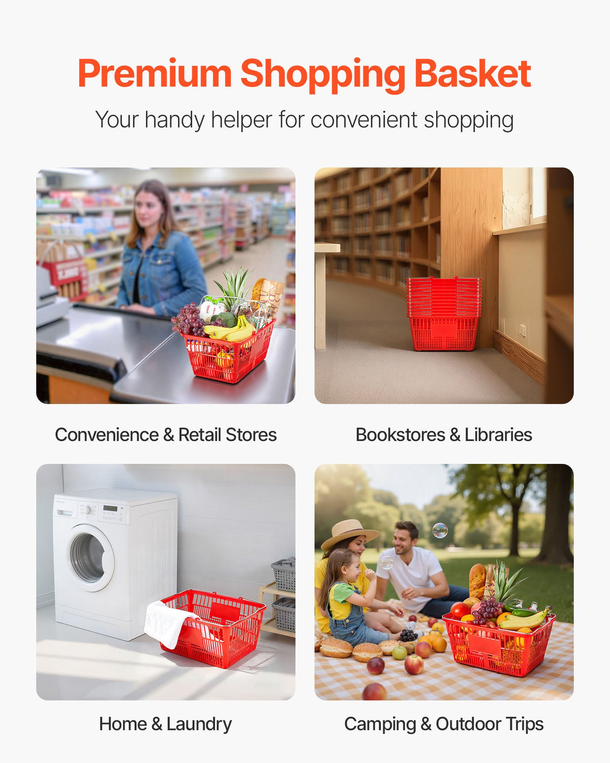 VEVOR Shopping Baskets, 12 PCS, 21L Stackable PE Plastic Grocery Baskets with Metal Handles, Dense Mesh Structure, Holds up to 20 lbs, Portable for Grocery, Retail, Stores, Supermarket, Home Use, Red - DSBDGWLSL21LM6U8Q001V0 - view 7