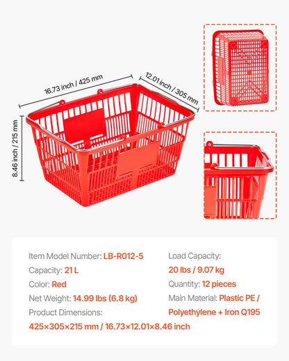 VEVOR Shopping Baskets, 12 PCS, 21L Stackable PE Plastic Grocery Baskets with Metal Handles, Dense Mesh Structure, Holds up to 20 lbs, Portable for Grocery, Retail, Stores, Supermarket, Home Use, Red - DSBDGWLSL21LM6U8Q001V0 - view 8
