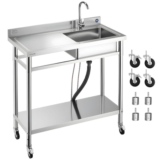 VEVOR Stainless Steel Utility Sink, Rolling Single Bowl Commercial Kitchen Sink with Wheels, Faucet and Hot & Cold Water Pipe, Utility Basin Workbench for Garage Restaurant Laundry 39.4 x 19.7 x 41.5 in - DSCDGZT100CMAR1OM001V0 - view 1