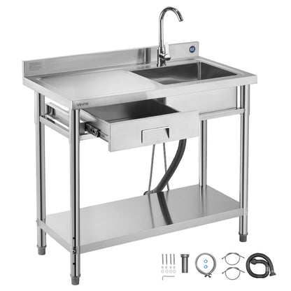 VEVOR Stainless Steel Utility Sink, Free Standing Single Bowl Commercial Kitchen Sink with Drawer, Faucet and Hot & Cold Water Pipe, Utility Basin for Garage Restaurant Laundry, 39.4 x 19.7 x 37 in - DSCDGZT100CMF4TIC001V0 - view 1