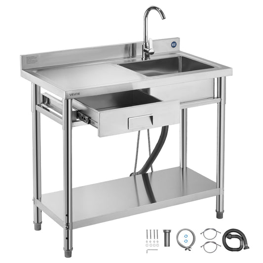 VEVOR Stainless Steel Utility Sink, Free Standing Single Bowl Commercial Kitchen Sink with Drawer, Faucet and Hot & Cold Water Pipe, Utility Basin for Garage Restaurant Laundry, 39.4 x 19.7 x 37 in - DSCDGZT100CMF4TIC001V0 - view 1
