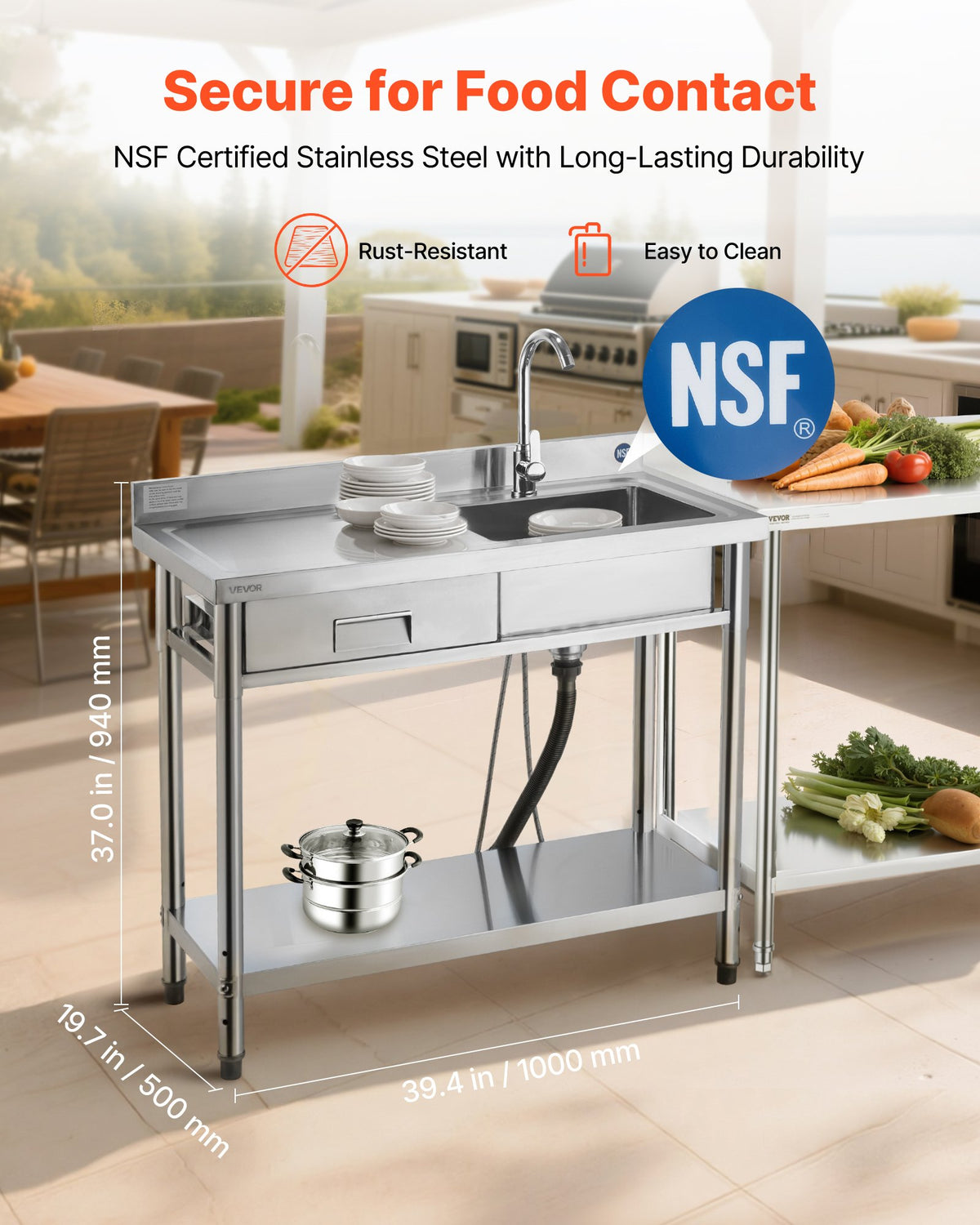 VEVOR Stainless Steel Utility Sink, Free Standing Single Bowl Commercial Kitchen Sink with Drawer, Faucet and Hot & Cold Water Pipe, Utility Basin for Garage Restaurant Laundry, 39.4 x 19.7 x 37 in - DSCDGZT100CMF4TIC001V0 - view 3