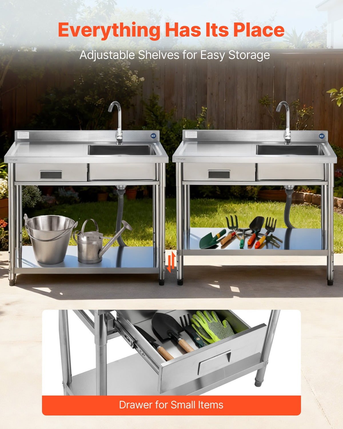 VEVOR Stainless Steel Utility Sink, Free Standing Single Bowl Commercial Kitchen Sink with Drawer, Faucet and Hot & Cold Water Pipe, Utility Basin for Garage Restaurant Laundry, 39.4 x 19.7 x 37 in - DSCDGZT100CMF4TIC001V0 - view 4