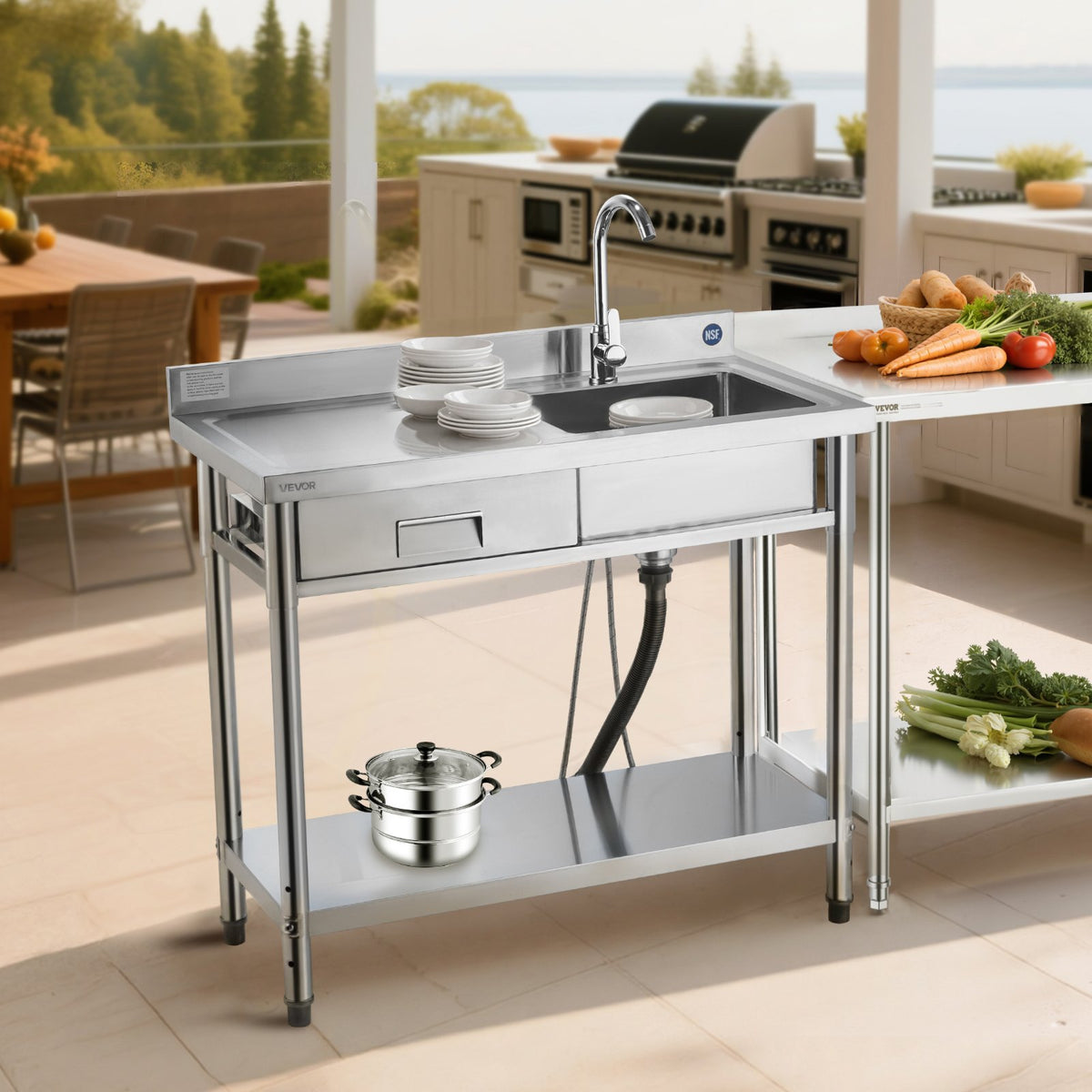 VEVOR Stainless Steel Utility Sink, Free Standing Single Bowl Commercial Kitchen Sink with Drawer, Faucet and Hot & Cold Water Pipe, Utility Basin for Garage Restaurant Laundry, 39.4 x 19.7 x 37 in - DSCDGZT100CMF4TIC001V0 - view 9
