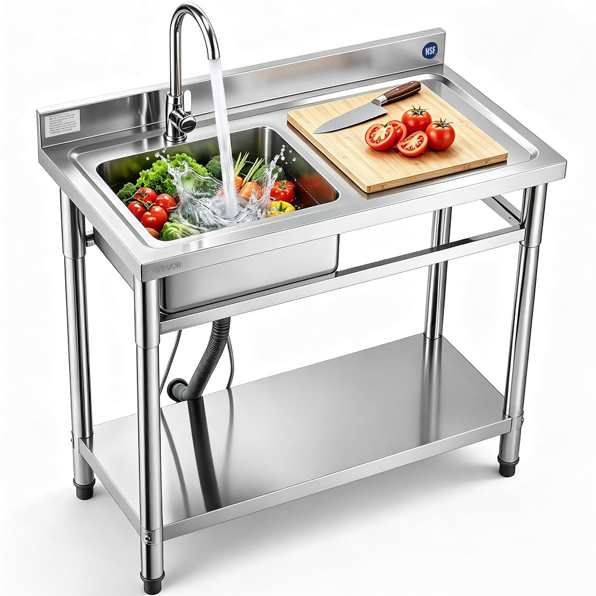 VEVOR Stainless Steel Utility Sink, Free Standing Single Bowl Commercial Kitchen Sink with Faucet, 39.4 x 19.7 x 37 in, Utility Right Basin with Hot & Cold Water Pipe for Garage, Restaurant, Laundry - DSCDGZT100CMV3J56001V0 - view 1