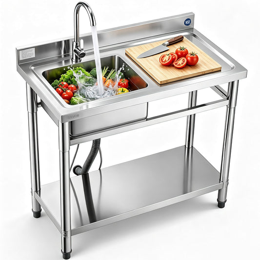 VEVOR Stainless Steel Utility Sink, Free Standing Single Bowl Commercial Kitchen Sink with Faucet, 39.4 x 19.7 x 37 in, Utility Right Basin with Hot & Cold Water Pipe for Garage, Restaurant, Laundry - DSCDGZT100CMV3J56001V0 - view 1