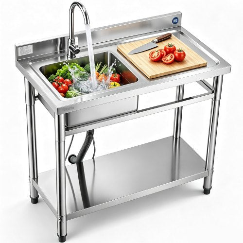 VEVOR Stainless Steel Utility Sink, Free Standing Single Bowl Commercial Kitchen Sink with Faucet, 39.4 x 19.7 x 37 in, Utility Right Basin with Hot & Cold Water Pipe for Garage, Restaurant, Laundry - DSCDGZT100CMV3J56001V0 - view 2