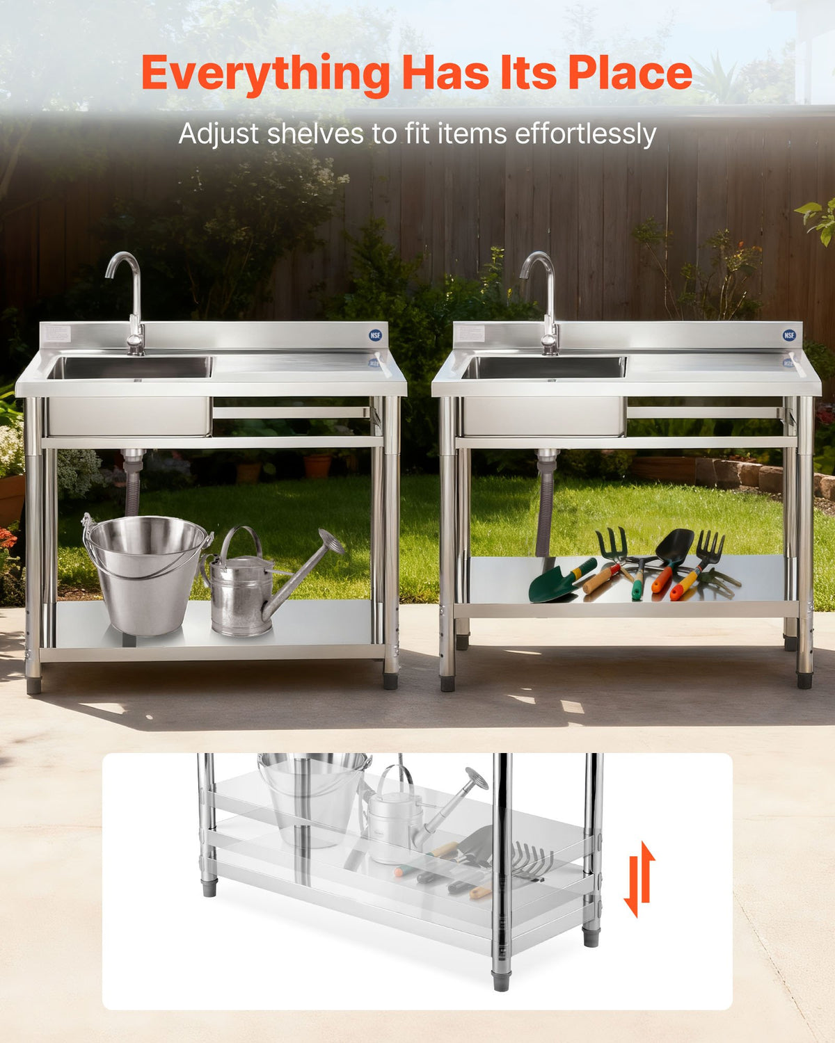 VEVOR Stainless Steel Utility Sink, Free Standing Single Bowl Commercial Kitchen Sink with Faucet, 39.4 x 19.7 x 37 in, Utility Right Basin with Hot & Cold Water Pipe for Garage, Restaurant, Laundry - DSCDGZT100CMV3J56001V0 - view 4