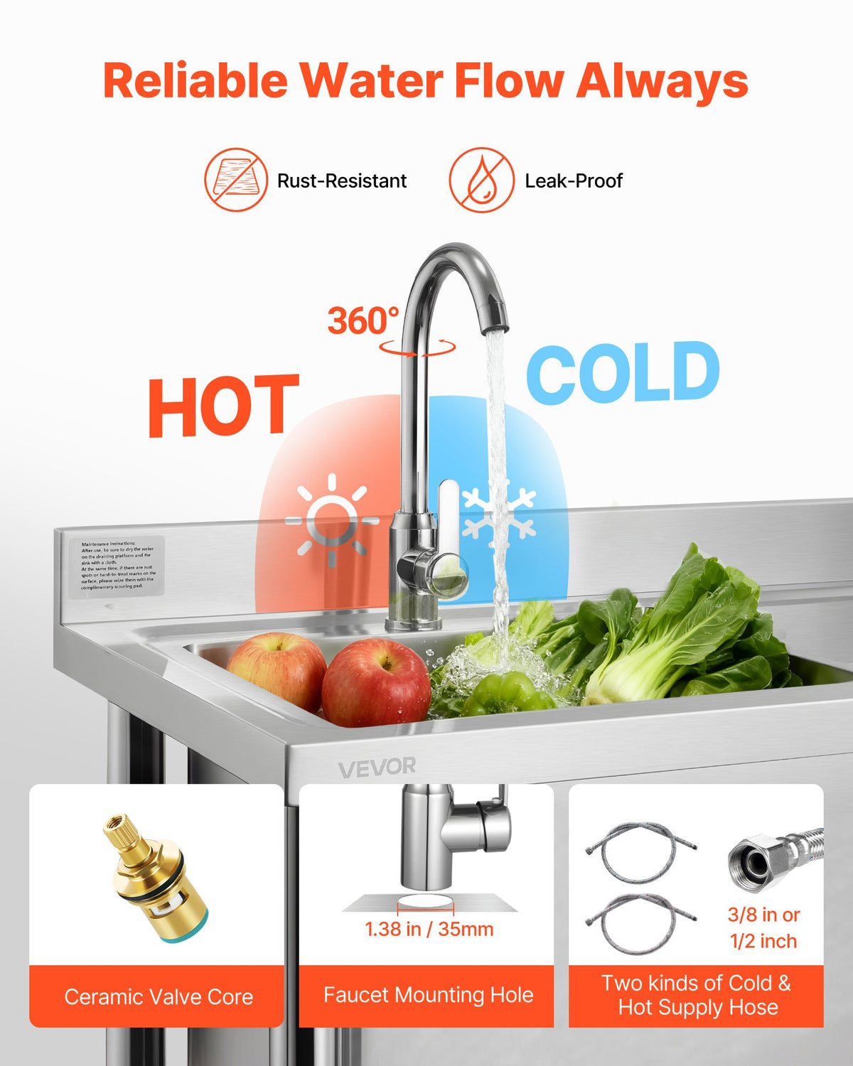 VEVOR Stainless Steel Utility Sink, Free Standing Single Bowl Commercial Kitchen Sink with Faucet, 39.4 x 19.7 x 37 in, Utility Right Basin with Hot & Cold Water Pipe for Garage, Restaurant, Laundry - DSCDGZT100CMV3J56001V0 - view 5