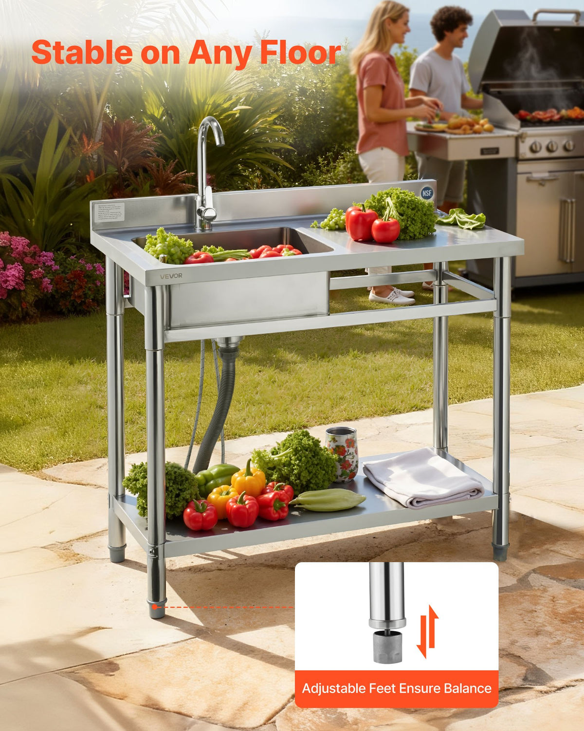 VEVOR Stainless Steel Utility Sink, Free Standing Single Bowl Commercial Kitchen Sink with Faucet, 39.4 x 19.7 x 37 in, Utility Right Basin with Hot & Cold Water Pipe for Garage, Restaurant, Laundry - DSCDGZT100CMV3J56001V0 - view 7