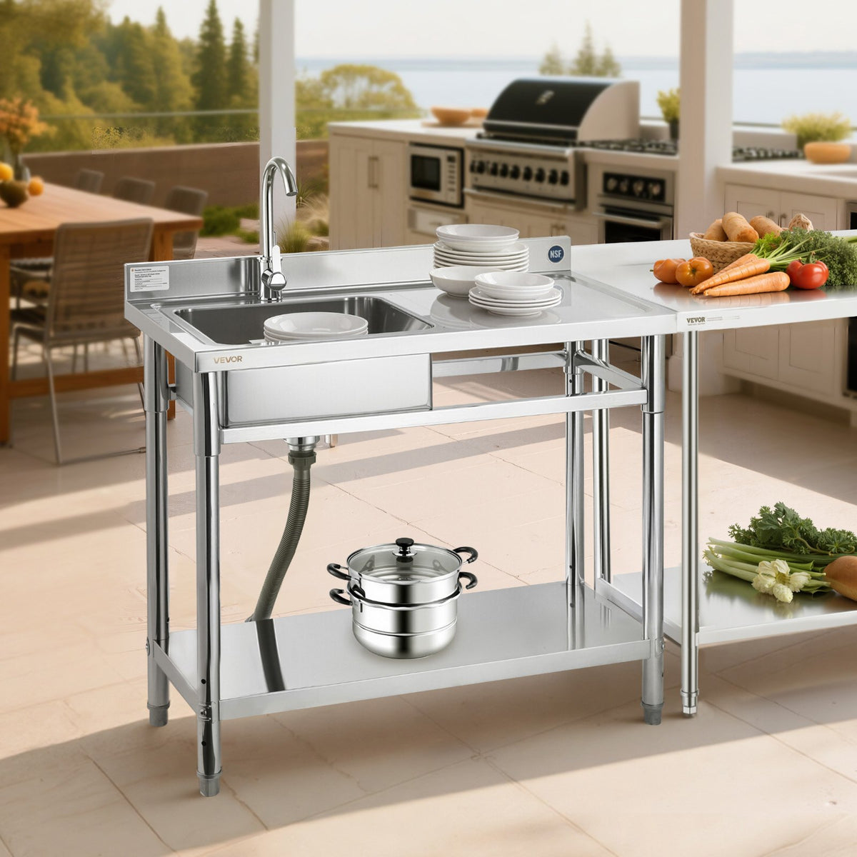 VEVOR Stainless Steel Utility Sink, Free Standing Single Bowl Commercial Kitchen Sink with Faucet, 39.4 x 19.7 x 37 in, Utility Right Basin with Hot & Cold Water Pipe for Garage, Restaurant, Laundry - DSCDGZT100CMV3J56001V0 - view 9
