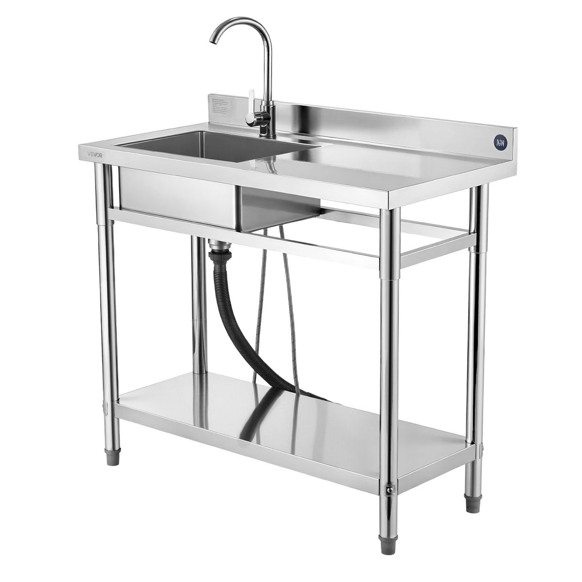 VEVOR Stainless Steel Utility Sink, Free Standing Single Bowl Commercial Kitchen Sink with Faucet, 39.4 x 19.7 x 37 in, Utility Right Basin with Hot & Cold Water Pipe for Garage, Restaurant, Laundry - DSCDGZT100CMV3J56001V0 - view 10