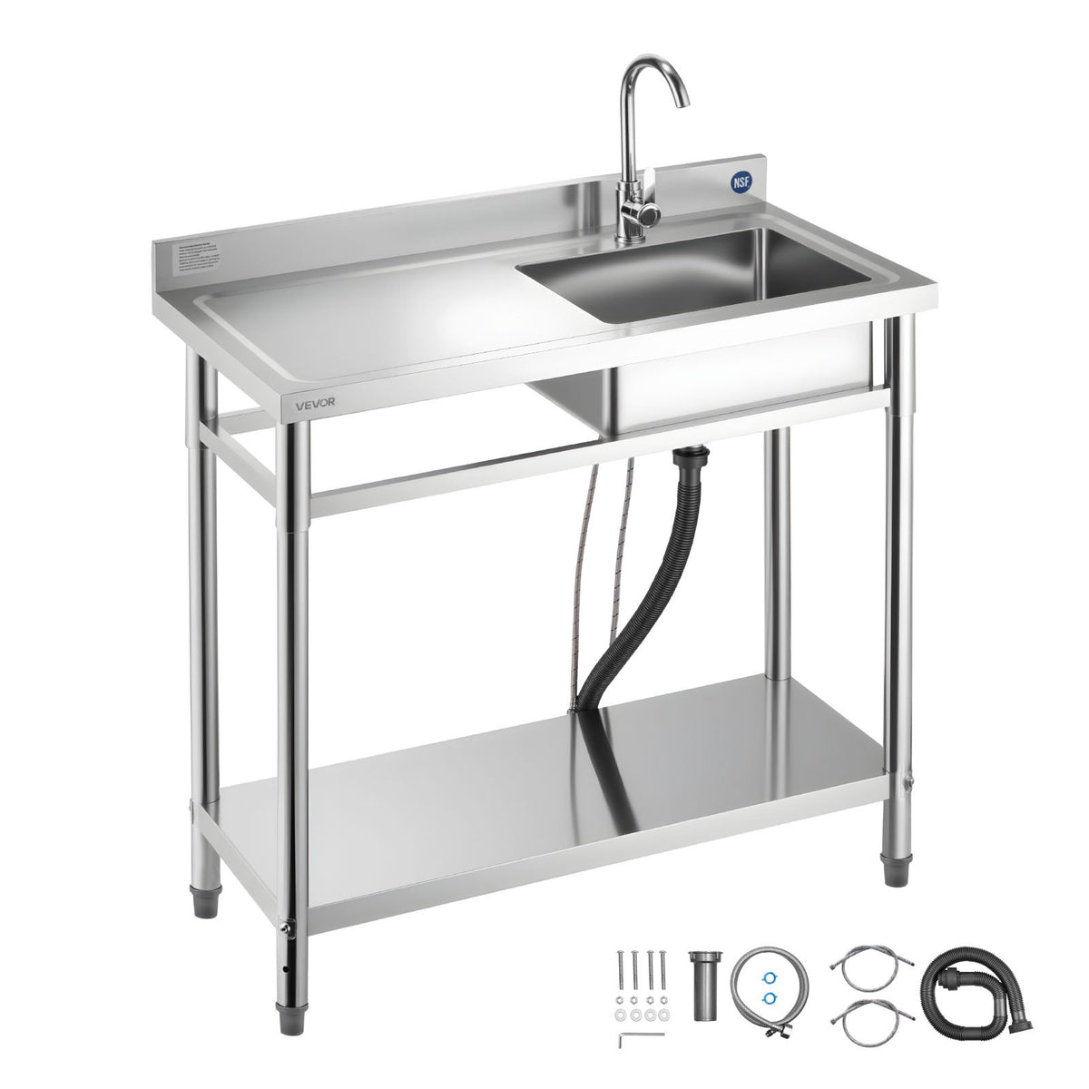 VEVOR Stainless Steel Utility Sink, Free Standing Single Bowl Commercial Kitchen Sink with Faucet, 39.4 x 19.7 x 37 in, Utility Left Basin with Hot & Cold Water Pipe for Garage, Restaurant, Laundry - DSCDGZT100CMVXEJ1001V0 - view 1