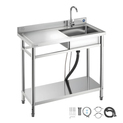 VEVOR Stainless Steel Utility Sink, Free Standing Single Bowl Commercial Kitchen Sink with Faucet, 39.4 x 19.7 x 37 in, Utility Left Basin with Hot & Cold Water Pipe for Garage, Restaurant, Laundry - DSCDGZT100CMVXEJ1001V0 - view 1