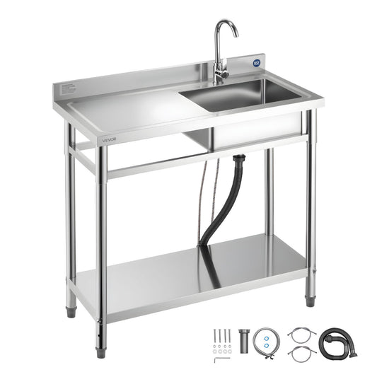 VEVOR Stainless Steel Utility Sink, Free Standing Single Bowl Commercial Kitchen Sink with Faucet, 39.4 x 19.7 x 37 in, Utility Left Basin with Hot & Cold Water Pipe for Garage, Restaurant, Laundry - DSCDGZT100CMVXEJ1001V0 - view 1