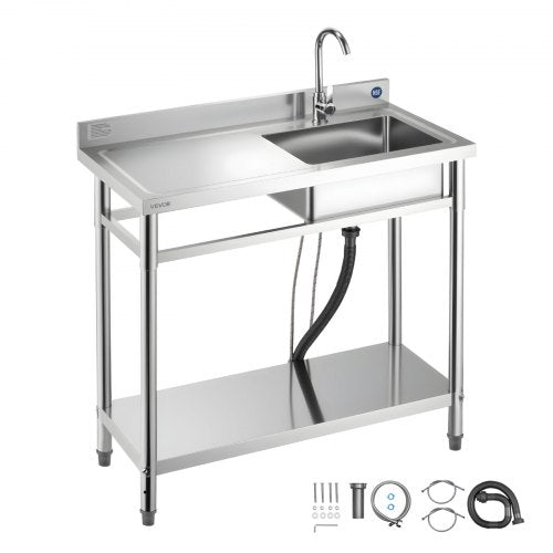 VEVOR Stainless Steel Utility Sink, Free Standing Single Bowl Commercial Kitchen Sink with Faucet, 39.4 x 19.7 x 37 in, Utility Left Basin with Hot & Cold Water Pipe for Garage, Restaurant, Laundry - DSCDGZT100CMVXEJ1001V0 - view 2