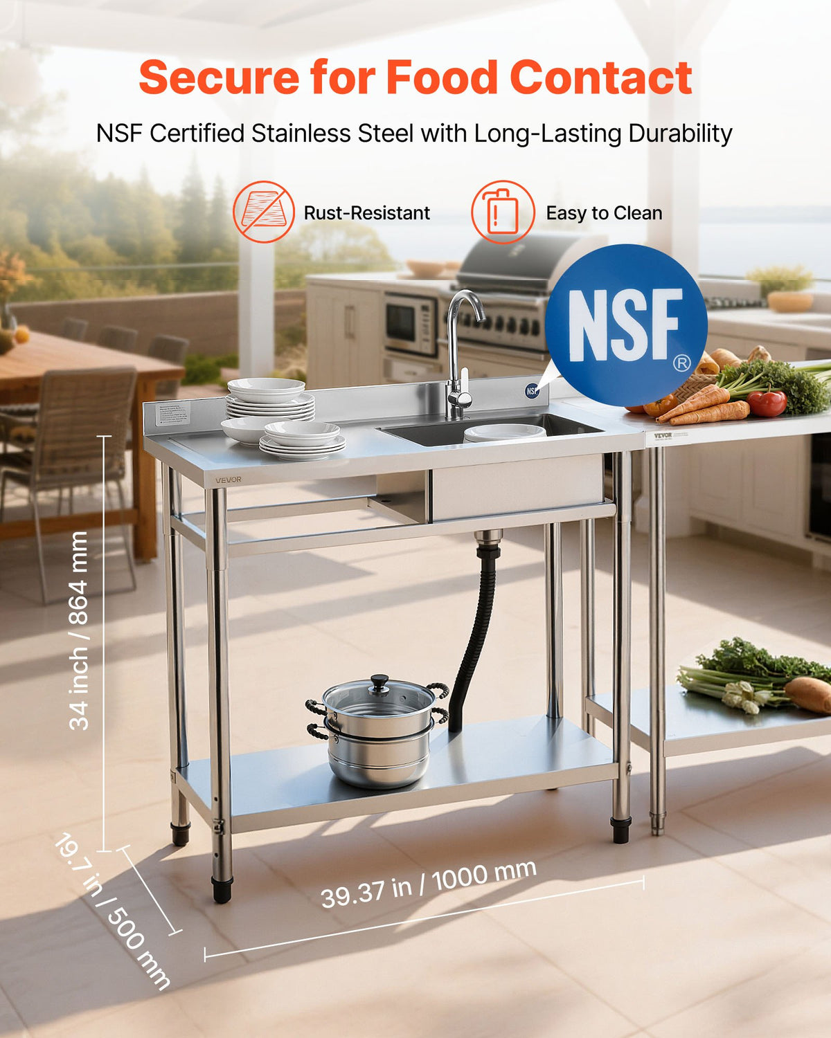 VEVOR Stainless Steel Utility Sink, Free Standing Single Bowl Commercial Kitchen Sink with Faucet, 39.4 x 19.7 x 37 in, Utility Left Basin with Hot & Cold Water Pipe for Garage, Restaurant, Laundry - DSCDGZT100CMVXEJ1001V0 - view 3