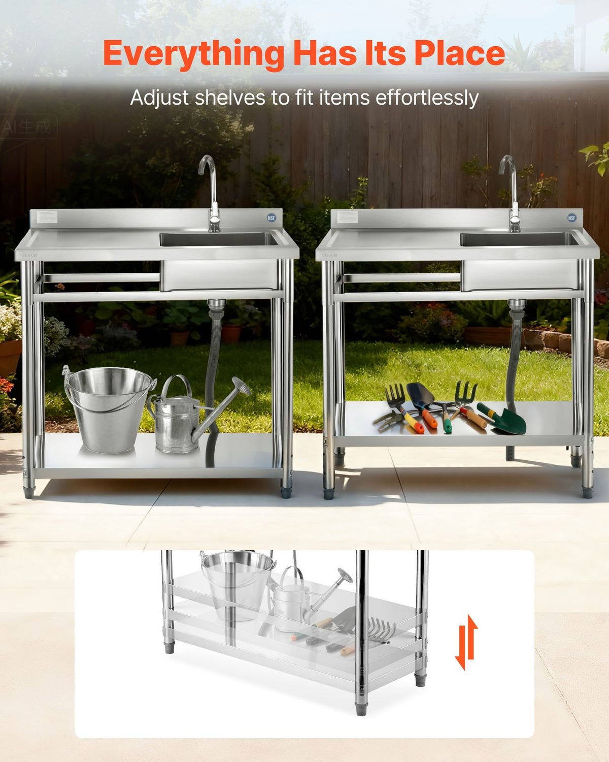 VEVOR Stainless Steel Utility Sink, Free Standing Single Bowl Commercial Kitchen Sink with Faucet, 39.4 x 19.7 x 37 in, Utility Left Basin with Hot & Cold Water Pipe for Garage, Restaurant, Laundry - DSCDGZT100CMVXEJ1001V0 - view 4